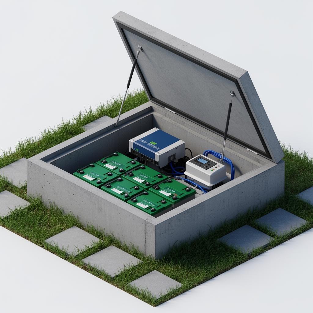 Prefab betonkelder met batterijmodules en omvormer
