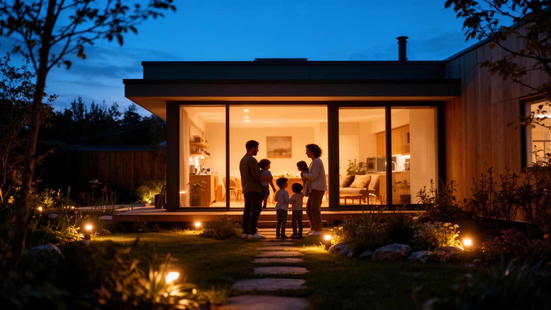 Gezin in een warm verlicht huis bij avondschemering
